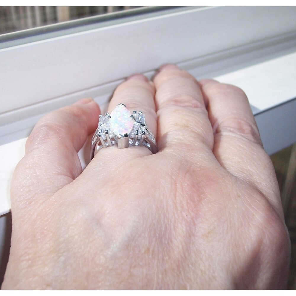 925 STERLING SILVER Marquise Lab Created White Fire Opal & CZ Ring - Picture 6 of 15